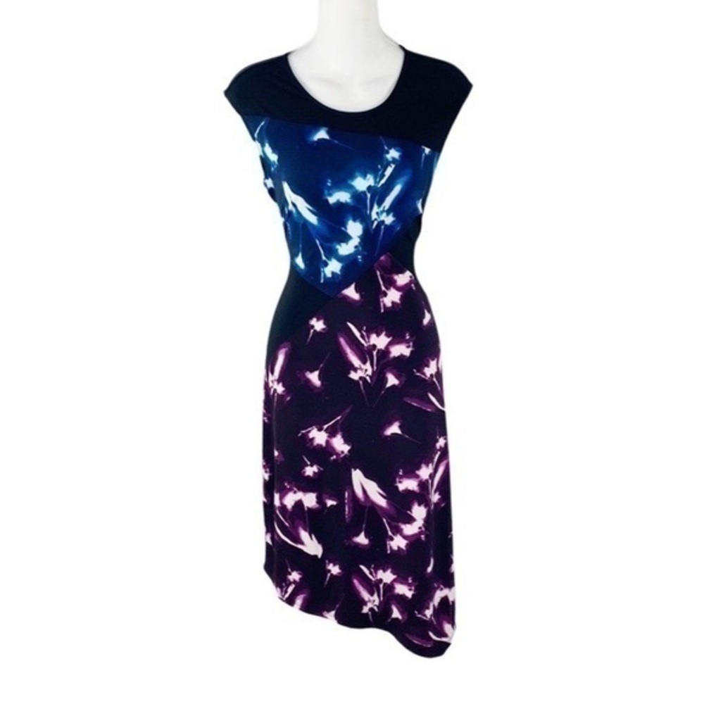 BCBGMaxazria Daphney black blue purple abstract floral asymmetric hem dress JJ27